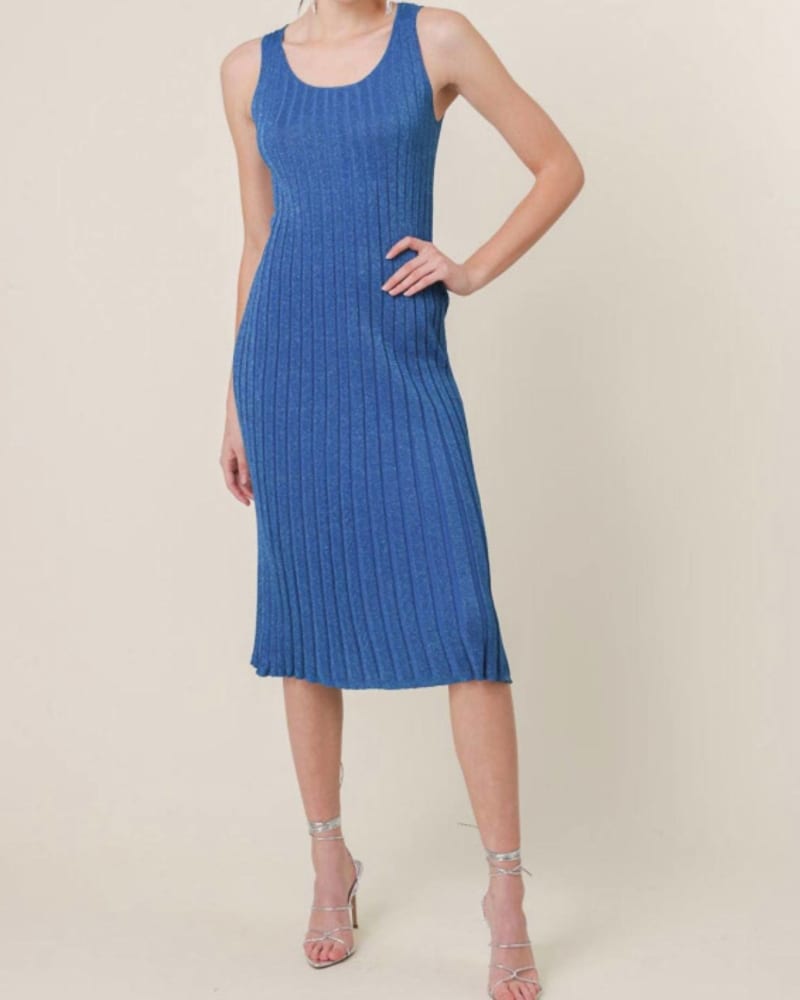 Front of a model wearing a size LARGE Isle Dress In Saphire in Saphire by line and dot. | dia_product_style_image_id:342845